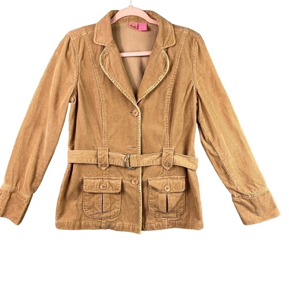 Andrew & Co Corduroy Jacket Women's Size Medium Belted Long Sleeve Tan Pockets
